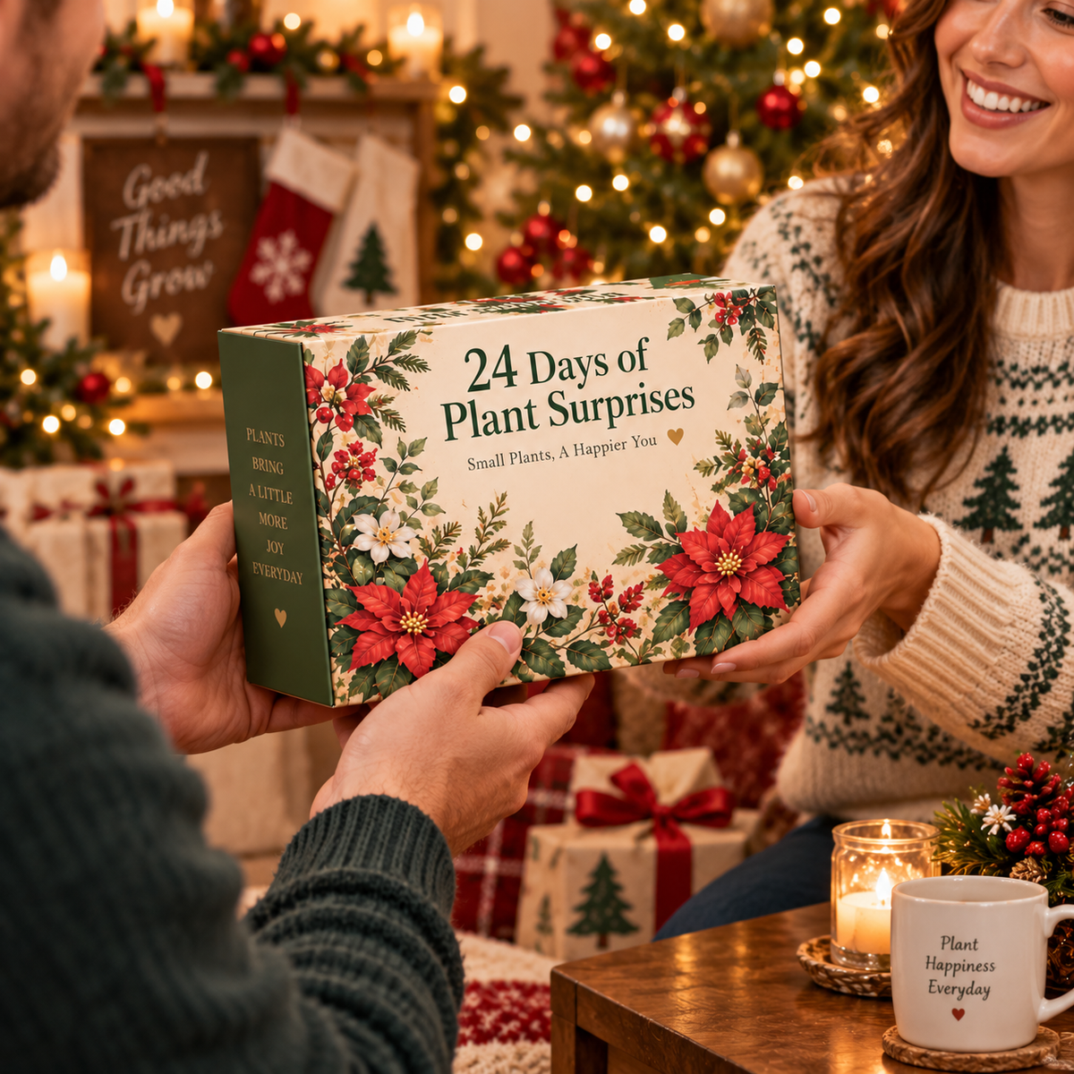Woman smiling as she receives the botanical advent calendar as a gift