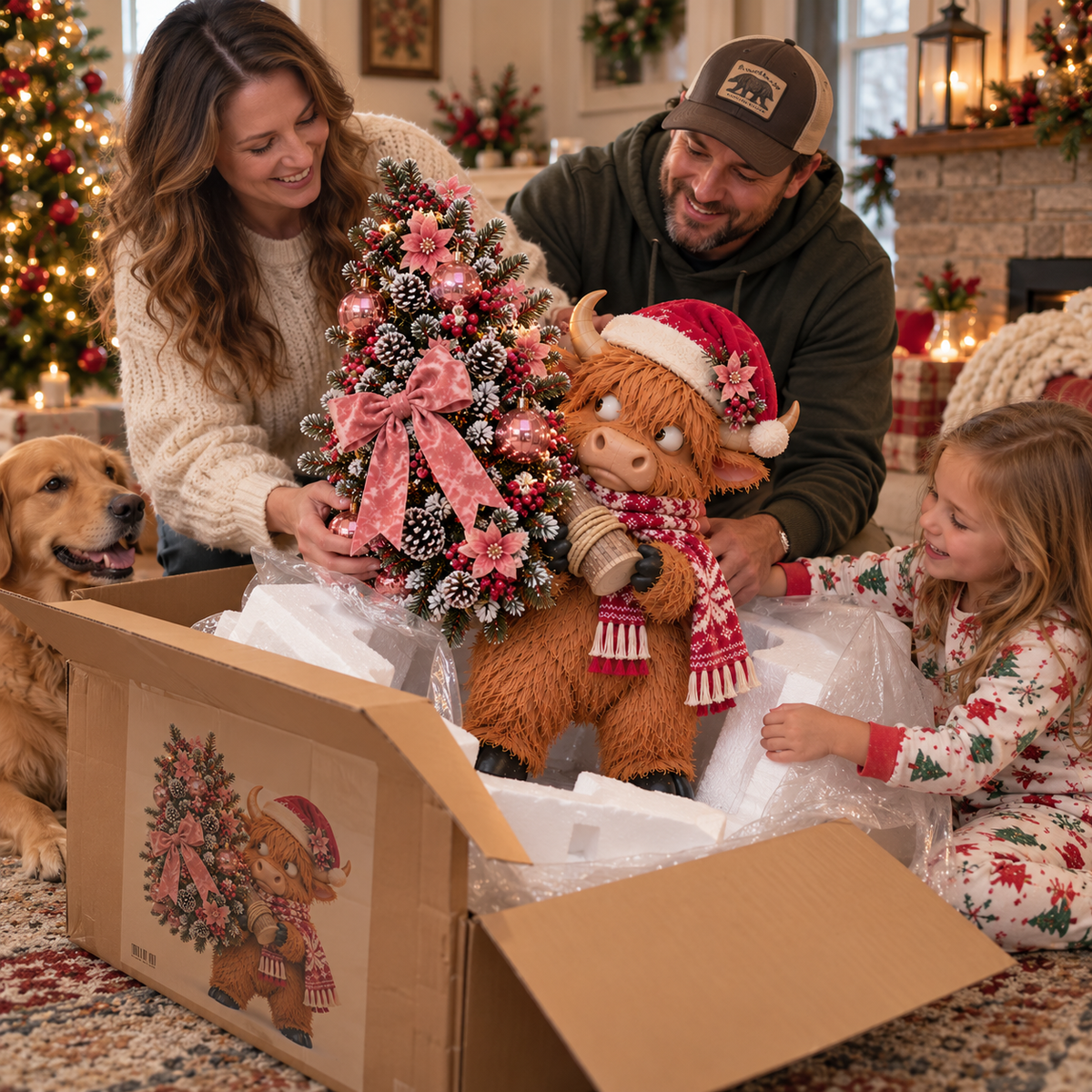🎄🐮Pinkmas Tree Bandit™ – Light-Up Highland Cow Christmas Porch Décor