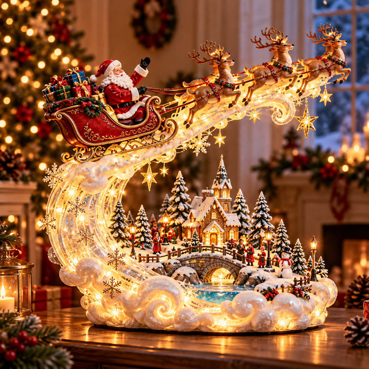🎄✨ Christmas Magic Collection™ – Illuminated Santa Sleigh & Christmas Village Decor