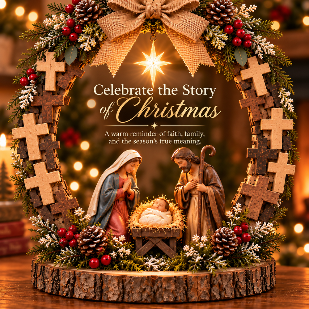 Mary, Joseph, and baby Jesus beneath the Bethlehem star