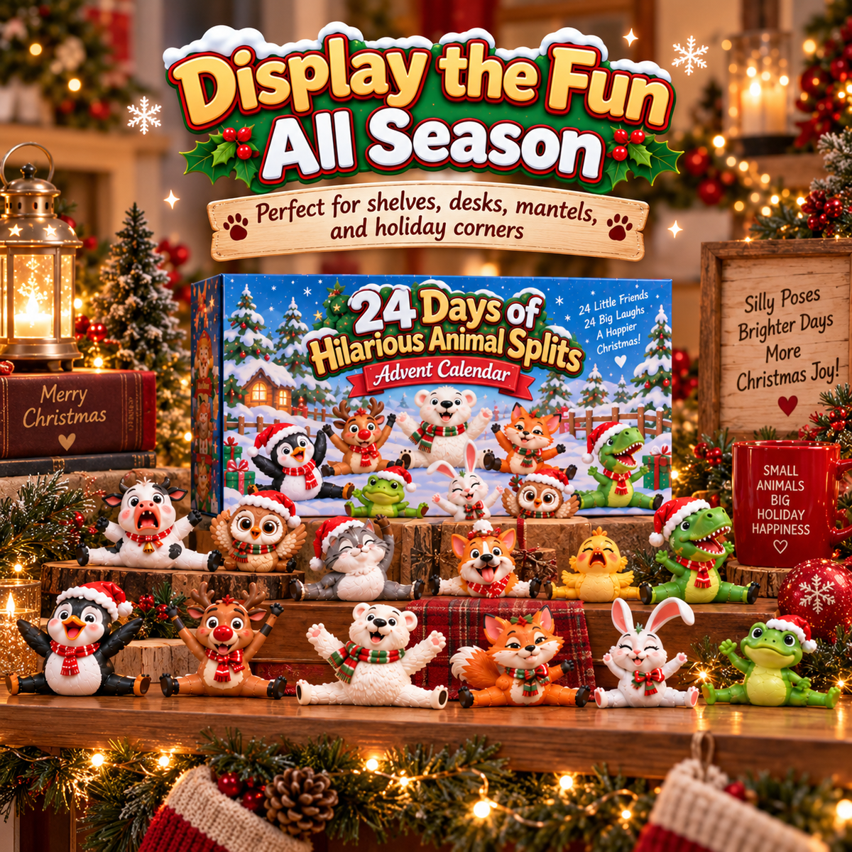 Animal figurines displayed on a festive mantel beside the advent calendar