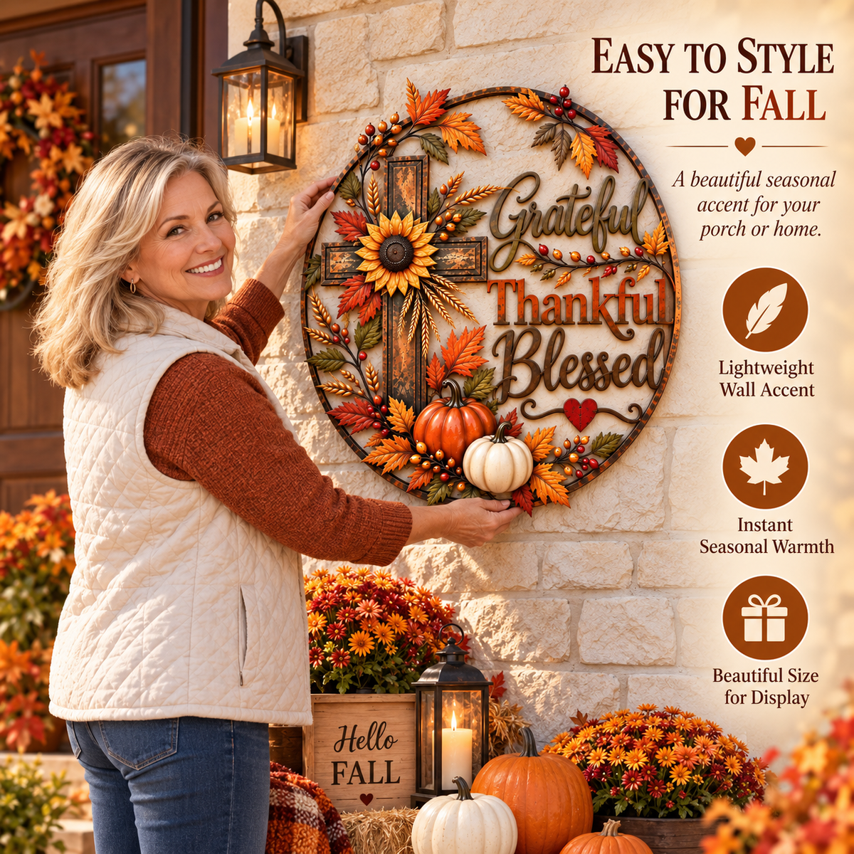 🍂 Grateful, Thankful & Blessed — Autumn Faith Cross Wall Decor