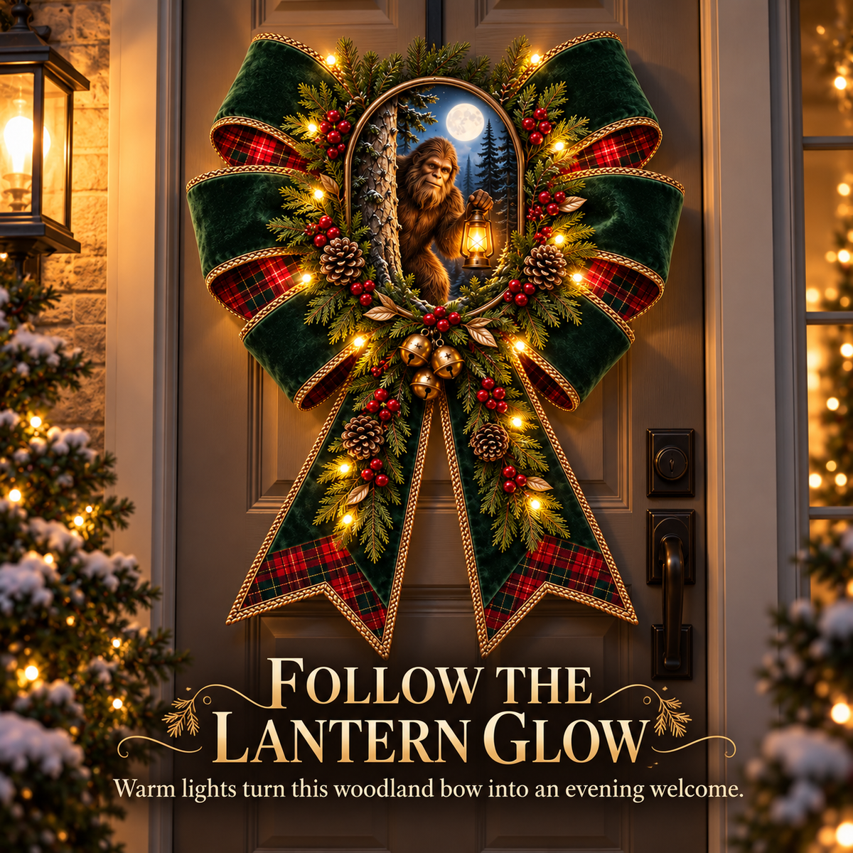 👣 Bigfoot’s Lantern Hideout™ – Lighted Woodland Christmas Door Bow with Warm Lights