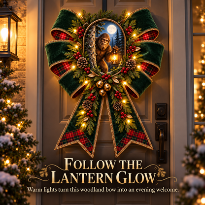 👣 Bigfoot’s Lantern Hideout™ – Lighted Woodland Christmas Door Bow with Warm Lights