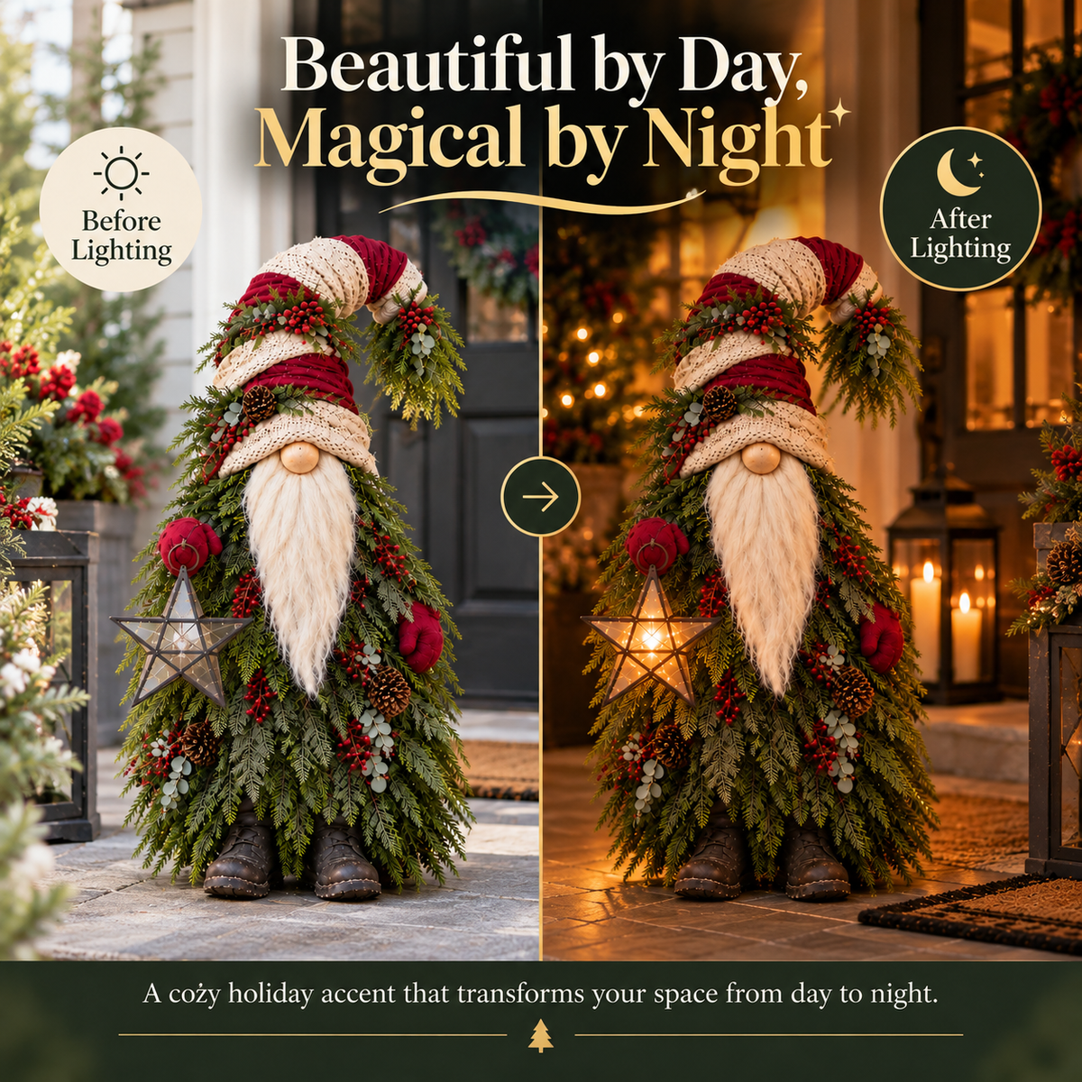 Evergreen Star Gnome before and after lighting