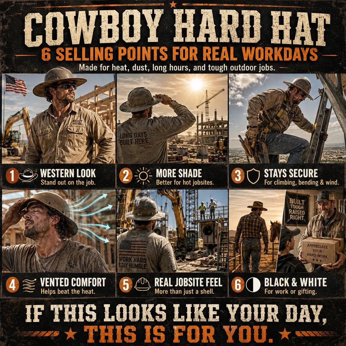 🤠Cowboy-Style Hard Hat – Wide Brim Safety Helmet with Chin Strap🛡️