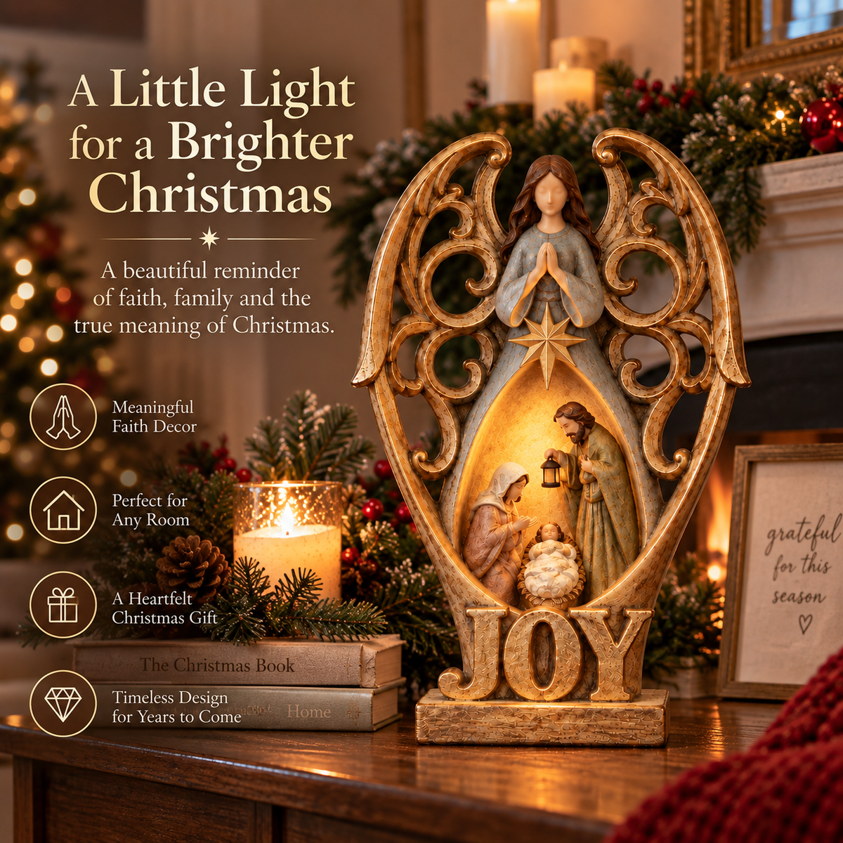 Angel of Joy Lighted Nativity Christmas Decor – Holy Family Tabletop Figurine with Warm Inner Glow