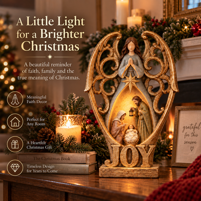 Angel of Joy Lighted Nativity Christmas Decor – Holy Family Tabletop Figurine with Warm Inner Glow
