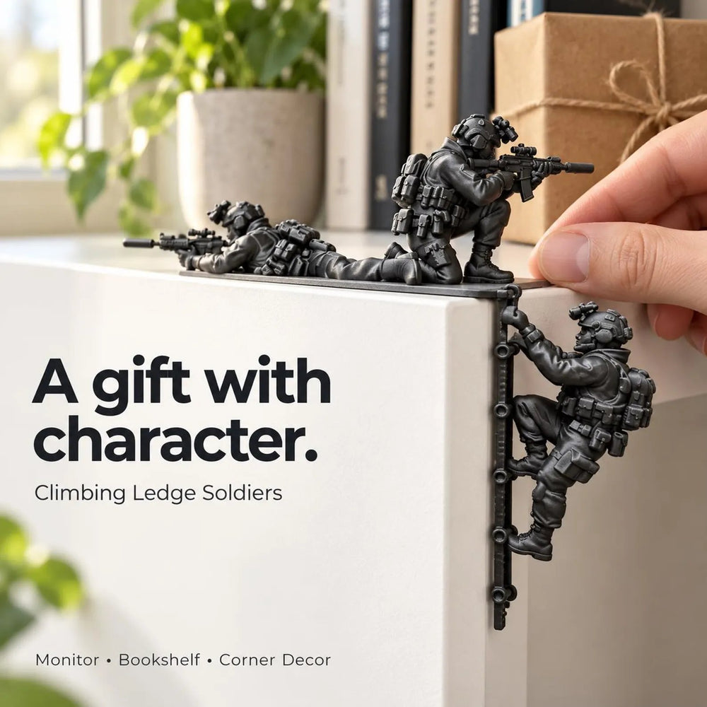 Miniature tactical soldiers climbing the edge of a home office shelf