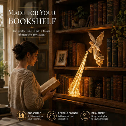 🕊️ Schutzengel-Bücherregal-Licht | Friedliche Engelsfigur mit warmem goldenen Lichtstrahl für Leseecken, Regale & bedeutungsvolle Geschenke ✨