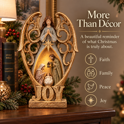 Angel of Joy Lighted Nativity Christmas Decor – Holy Family Tabletop Figurine with Warm Inner Glow