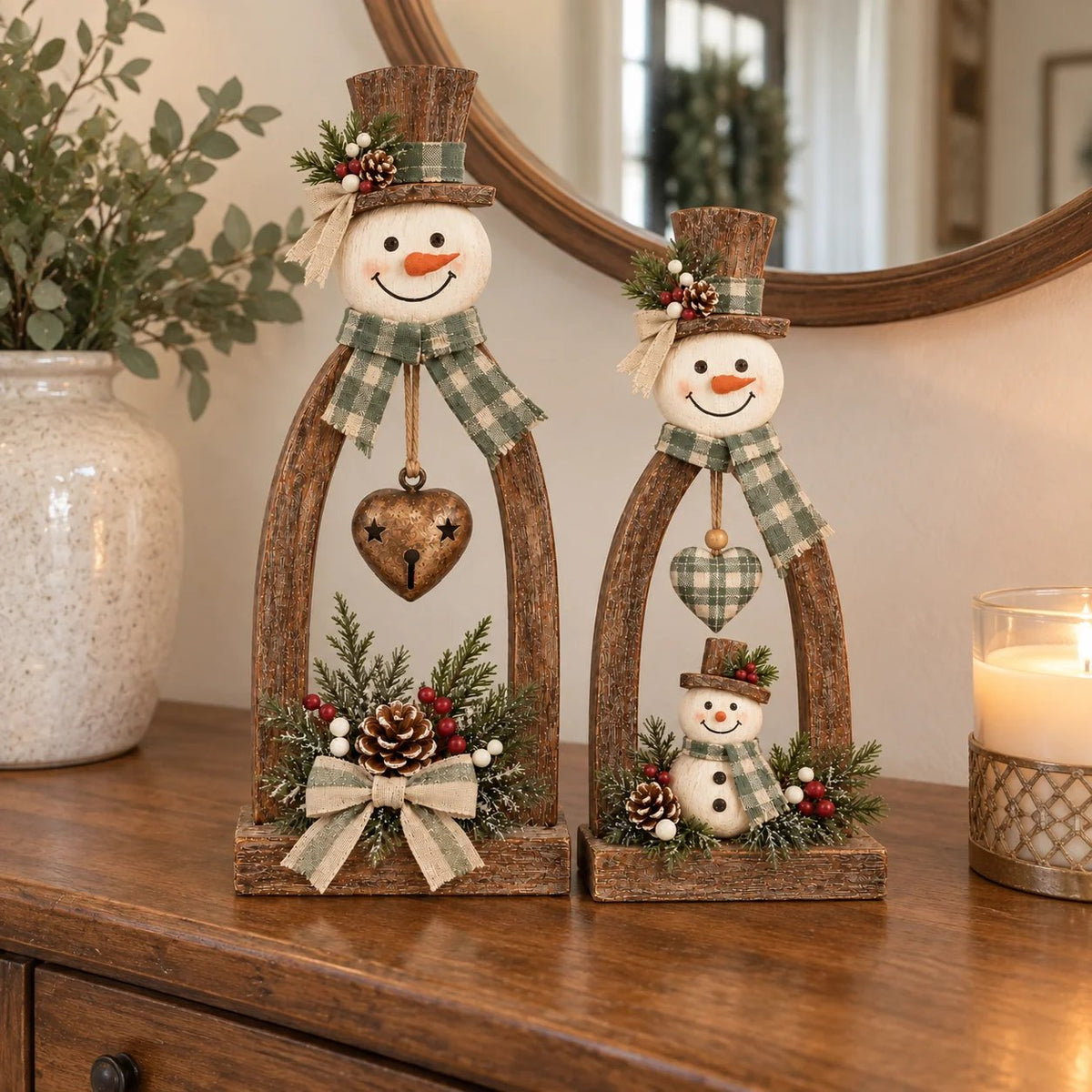 🔥😍Farmhouse Wooden Snowman Christmas Decor – Rustic Tabletop Figurines with Plaid Details