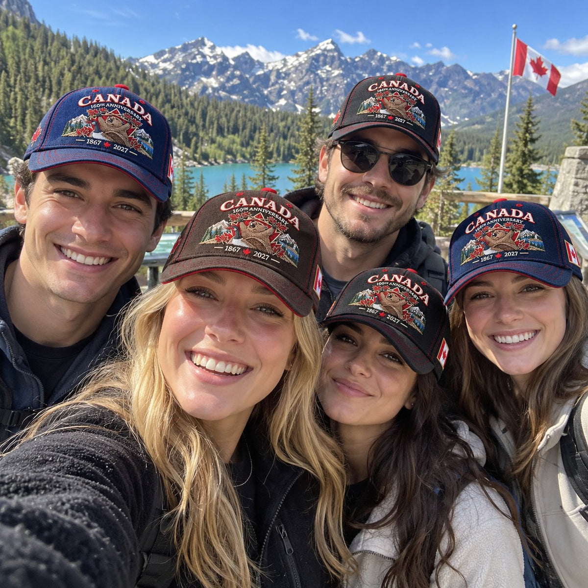 Friends wearing Canada heritage anniversary caps