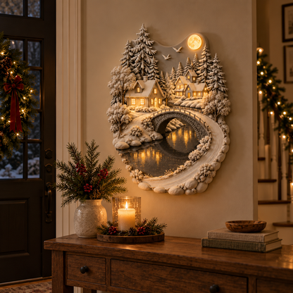 Moonlit Snowbridge Village™ Lighted 3D Wall Sculpture – Winter Village Wall Art with Warm LED Glow