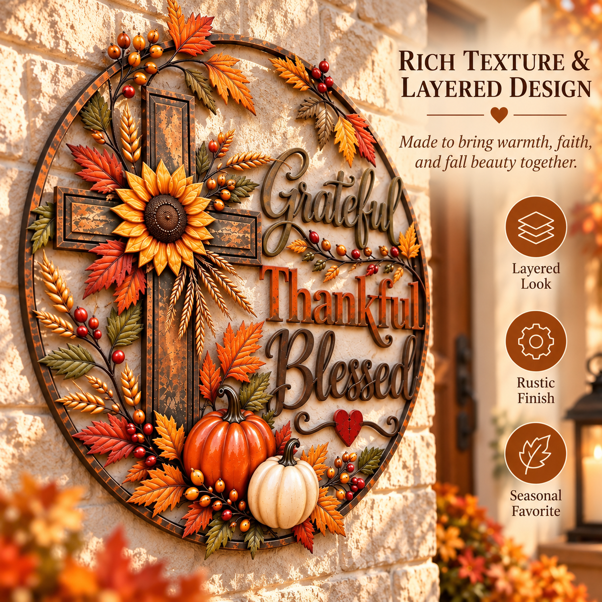 🍂 Grateful, Thankful & Blessed — Autumn Faith Cross Wall Decor