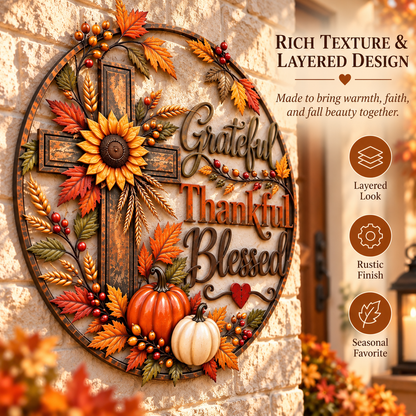 🍂 Grateful, Thankful & Blessed — Autumn Faith Cross Wall Decor
