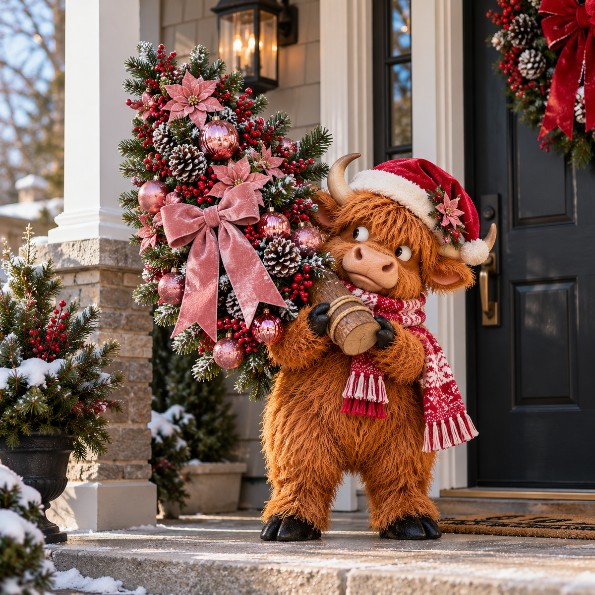 🎄🐮Pinkmas Tree Bandit™ – Light-Up Highland Cow Christmas Porch Décor