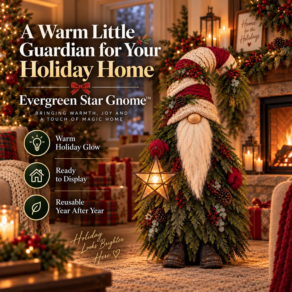 Evergreen Star Gnome in a warm Christmas home