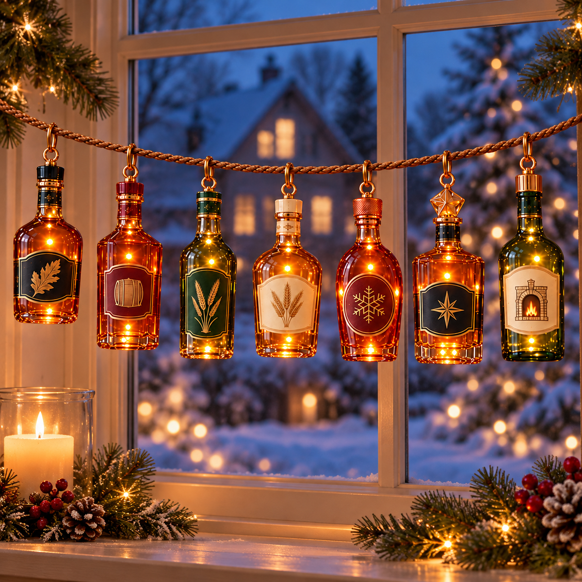 Seven lighted bottle ornaments glowing by a snowy Christmas window