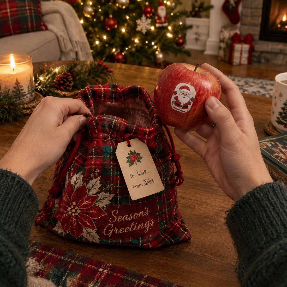 Placing a small gift inside a Christmas sack