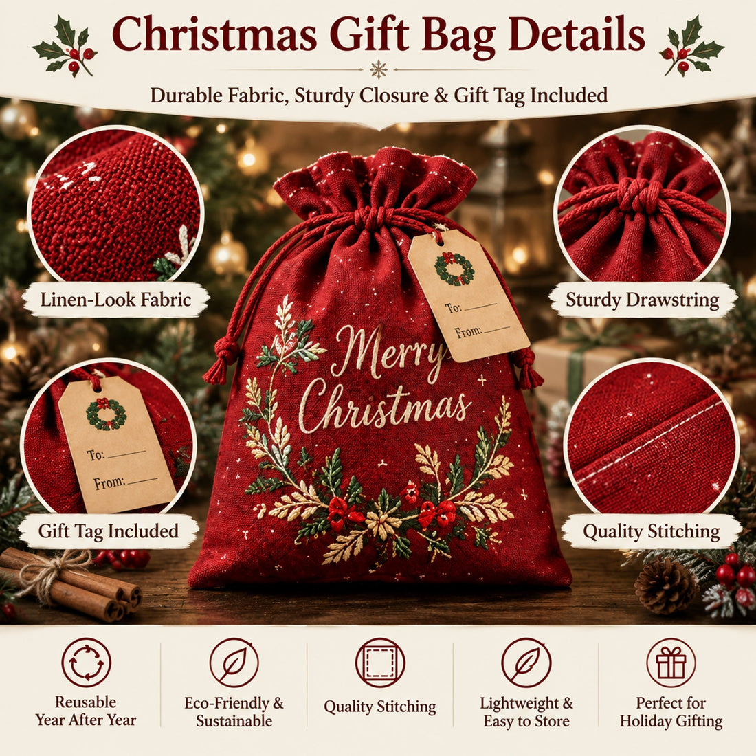 Close-up of gift sack drawstrings, stitching and gift tag