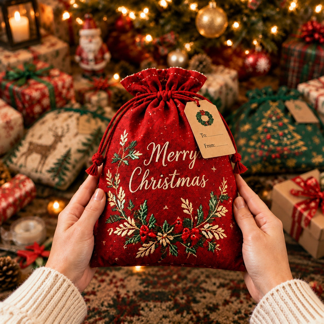 Hands holding a red Christmas drawstring gift sack
