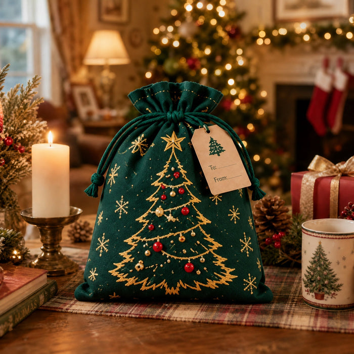 Golden Christmas tree gift sack