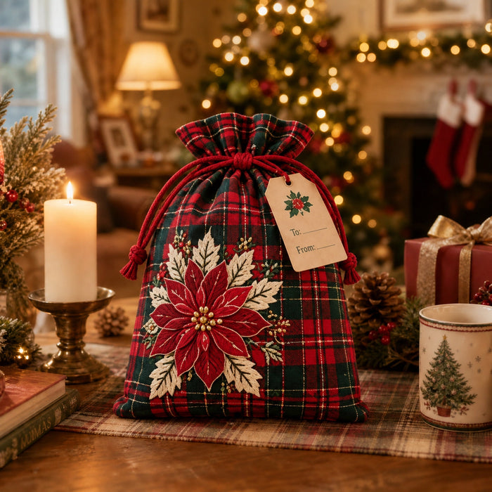 Plaid poinsettia gift sack