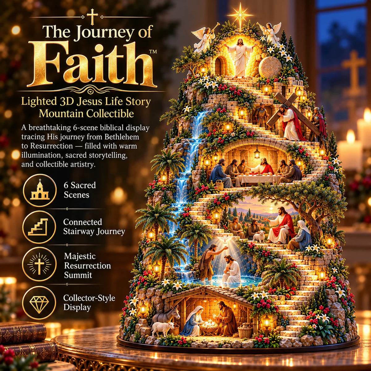 ✝️ The Journey of Faith™ – Lighted 3D Jesus Life Story Mountain with 6 Sacred Biblical Scenes
