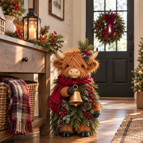 Christmas Highland Cow with Bell – Rustic Farmhouse Holiday Figurine with Evergreen Accents & Burgundy Scarf