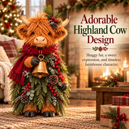 Christmas Highland Cow with Bell – Rustic Farmhouse Holiday Figurine with Evergreen Accents & Burgundy Scarf