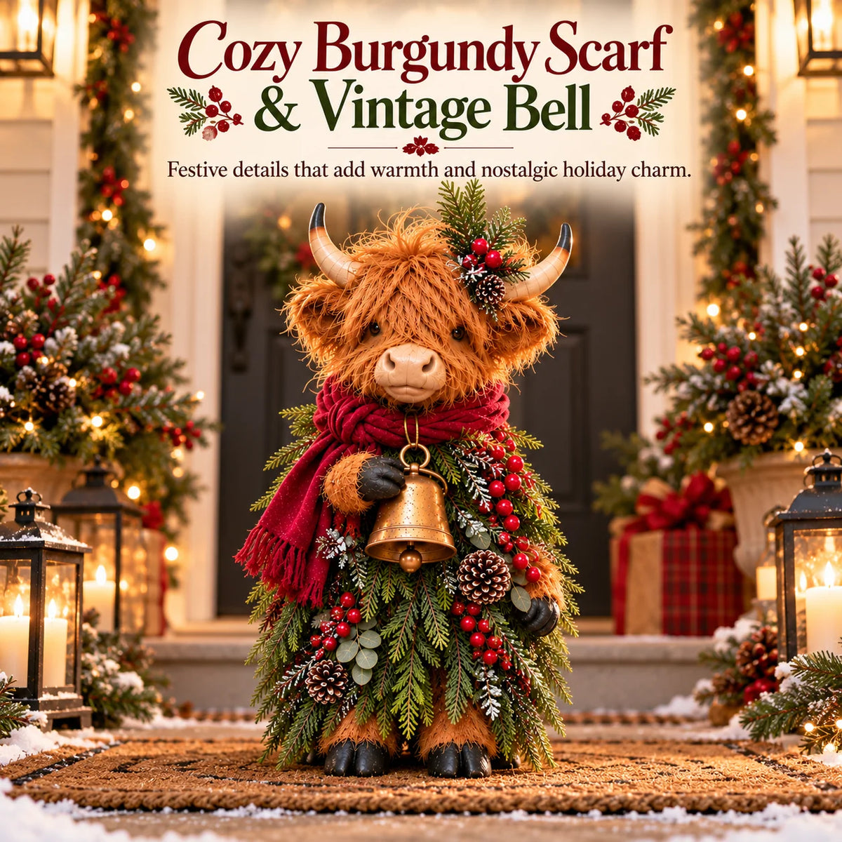 Christmas Highland Cow with Bell – Rustic Farmhouse Holiday Figurine with Evergreen Accents & Burgundy Scarf