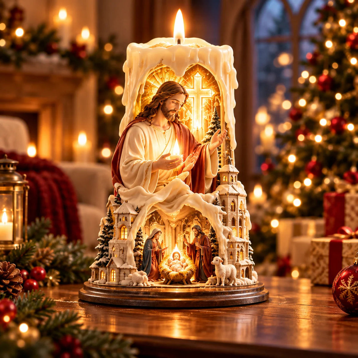✝️ Jesus Light of Faith – Nativity-Inspired Christian Candle Sculpture & Christmas Decor
