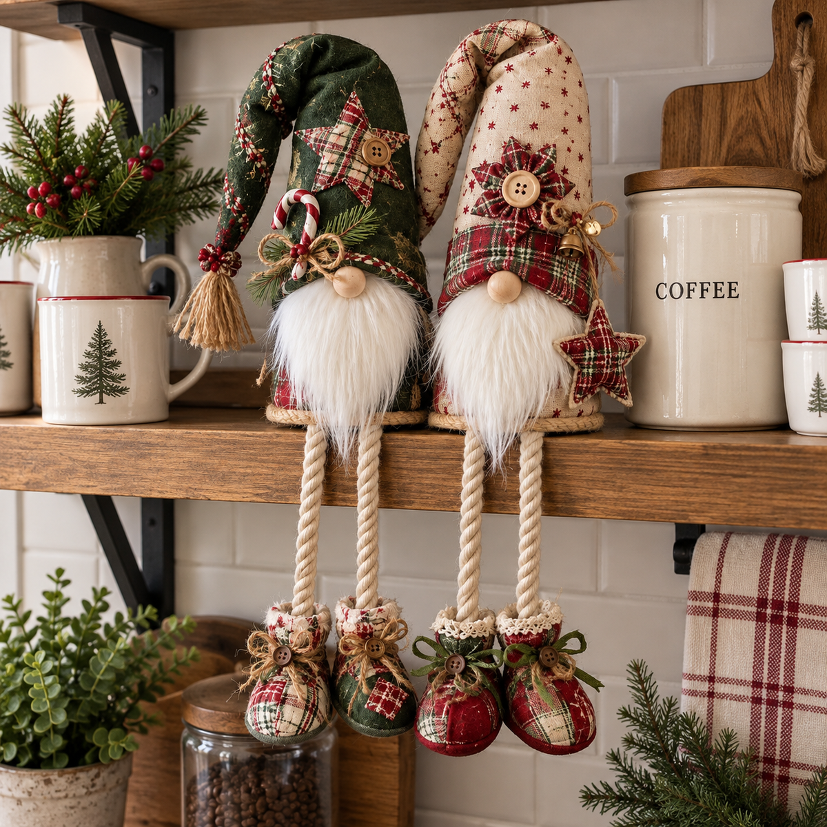 Christmas gnomes on kitchen coffee shelf