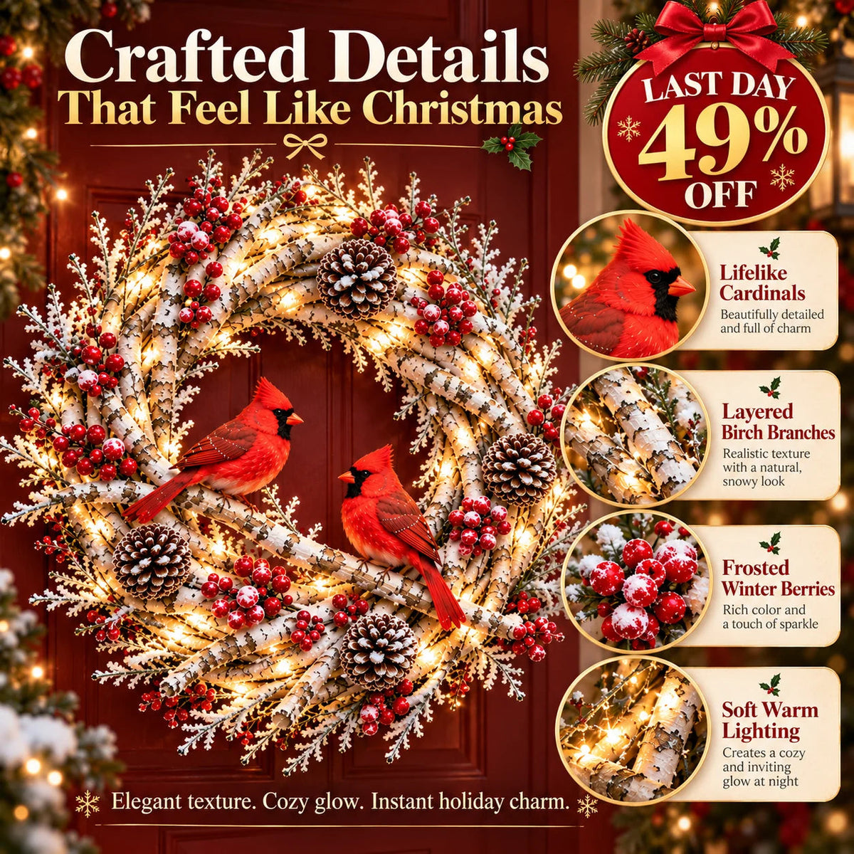 🔥Snowy Birch Cardinal Wreath™ – Lighted Christmas Door Wreath