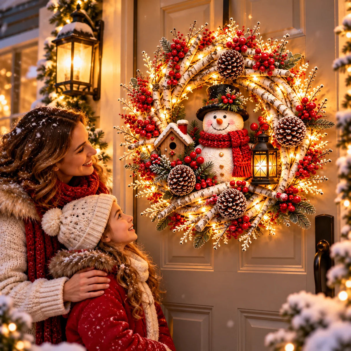 🔥Snowy Birch Cardinal Wreath™ – Lighted Christmas Door Wreath