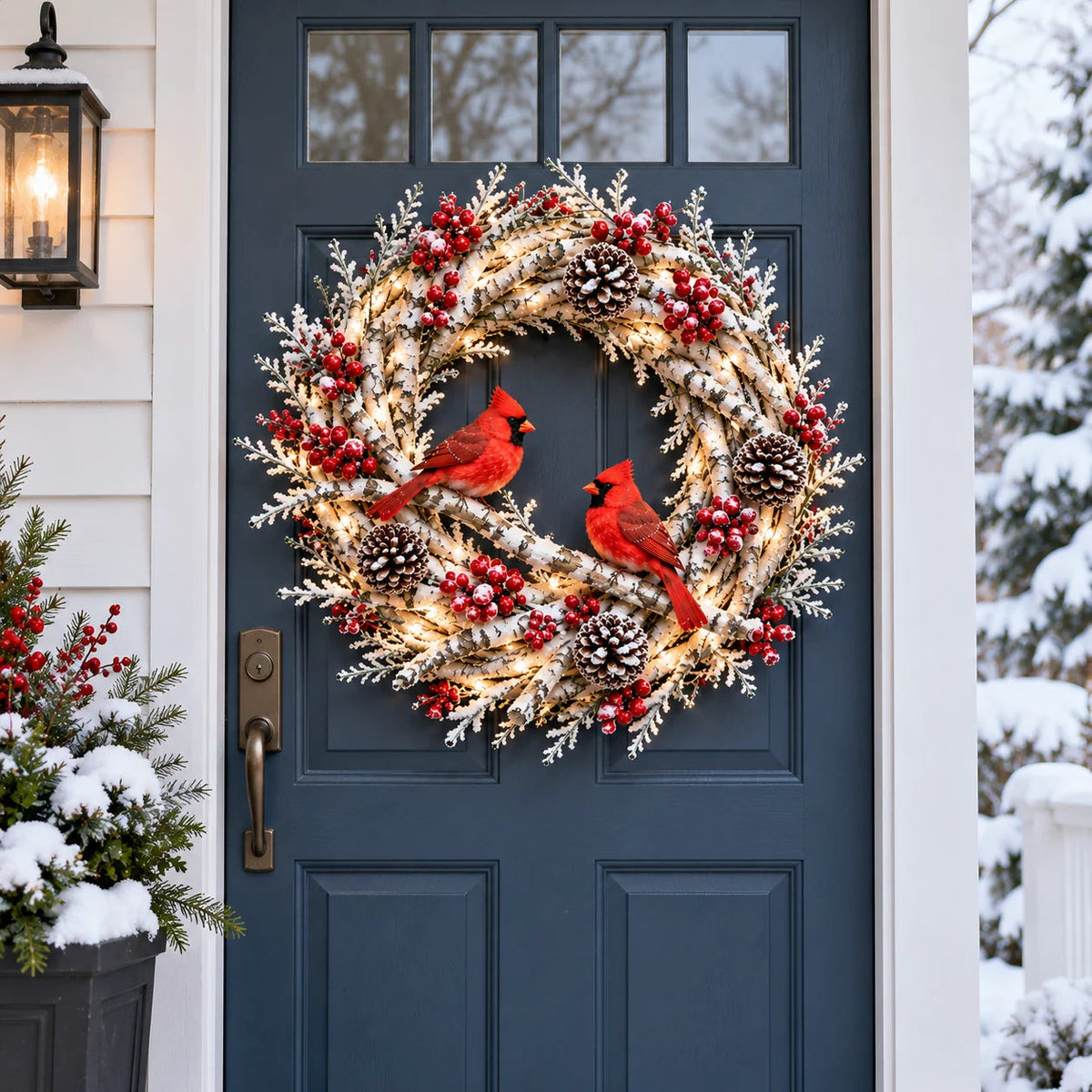 🔥Snowy Birch Cardinal Wreath™ – Lighted Christmas Door Wreath