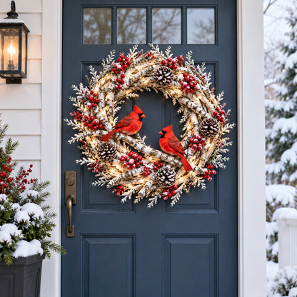 🔥Snowy Birch Cardinal Wreath™ – Lighted Christmas Door Wreath