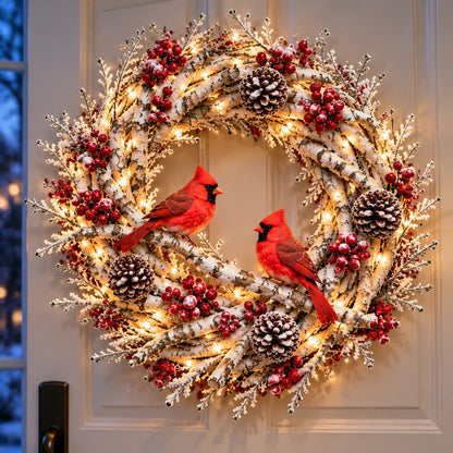 🔥Snowy Birch Cardinal Wreath™ – Lighted Christmas Door Wreath