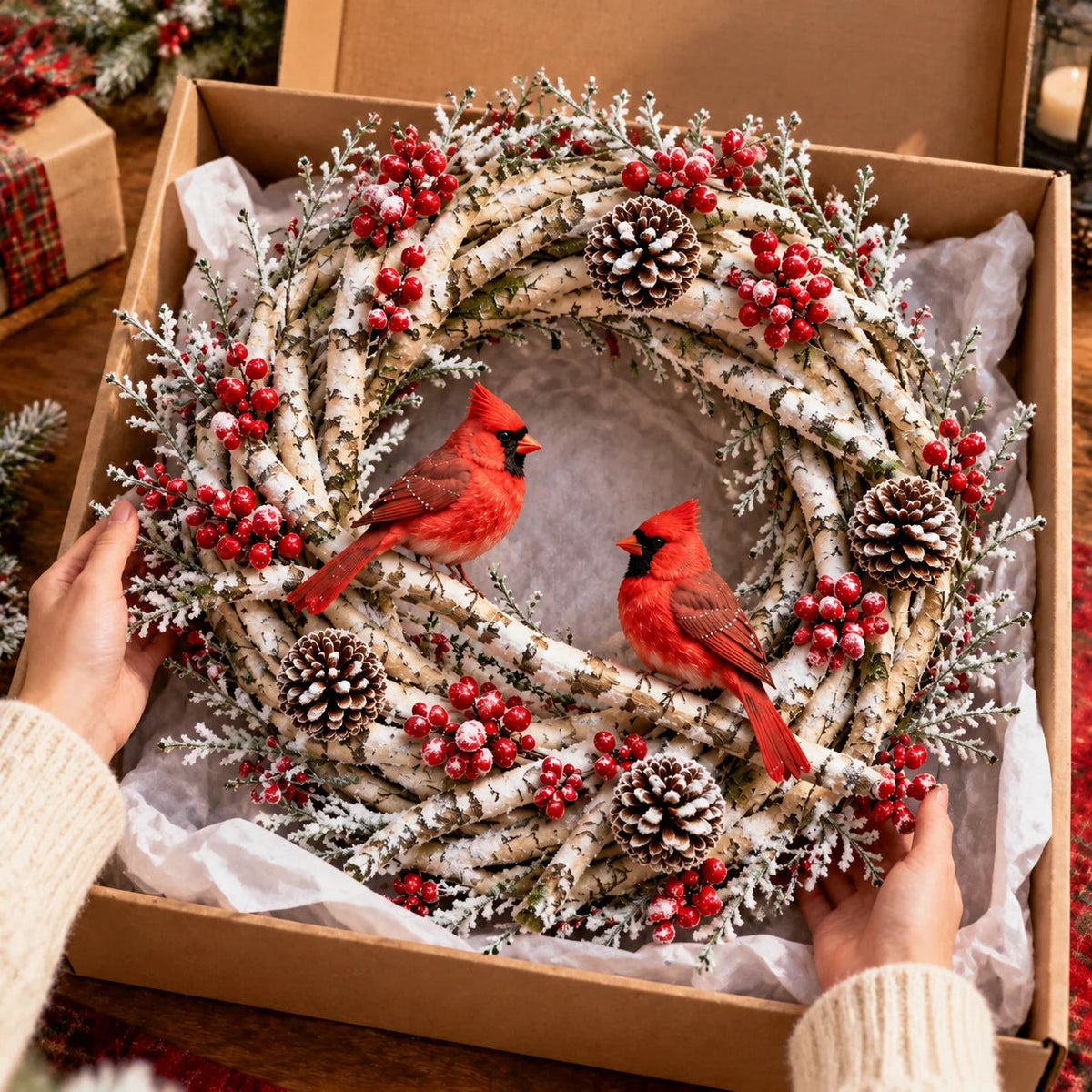 🔥Snowy Birch Cardinal Wreath™ – Lighted Christmas Door Wreath