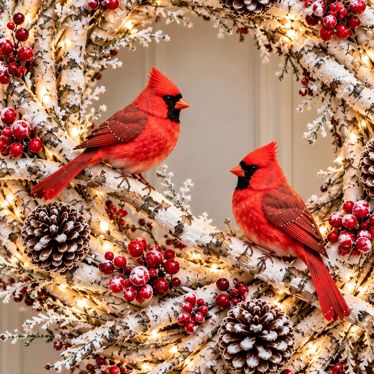 🔥Snowy Birch Cardinal Wreath™ – Lighted Christmas Door Wreath
