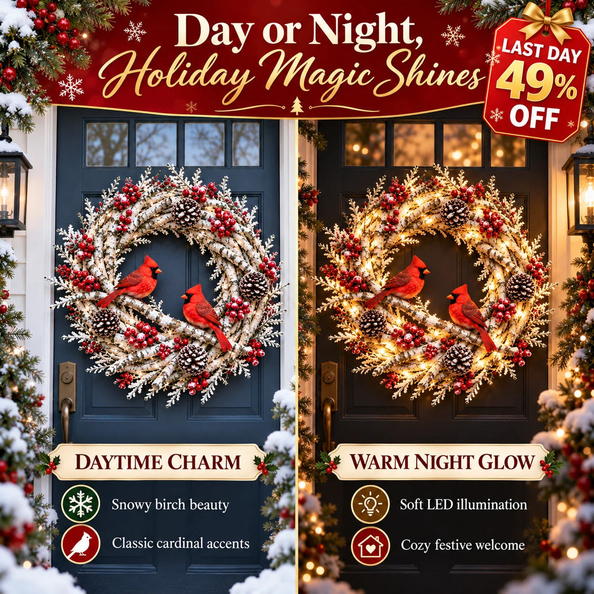 🔥Snowy Birch Cardinal Wreath™ – Lighted Christmas Door Wreath