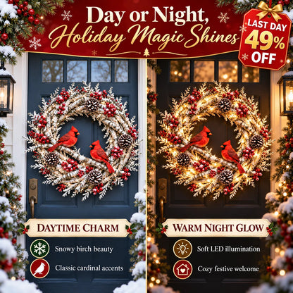 🔥Snowy Birch Cardinal Wreath™ – Lighted Christmas Door Wreath