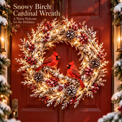 🔥Snowy Birch Cardinal Wreath™ – Lighted Christmas Door Wreath