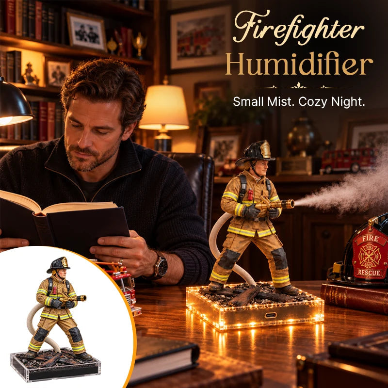 Firefighter-themed mist light releasing mist from its hose beside a reader in a warmly lit study