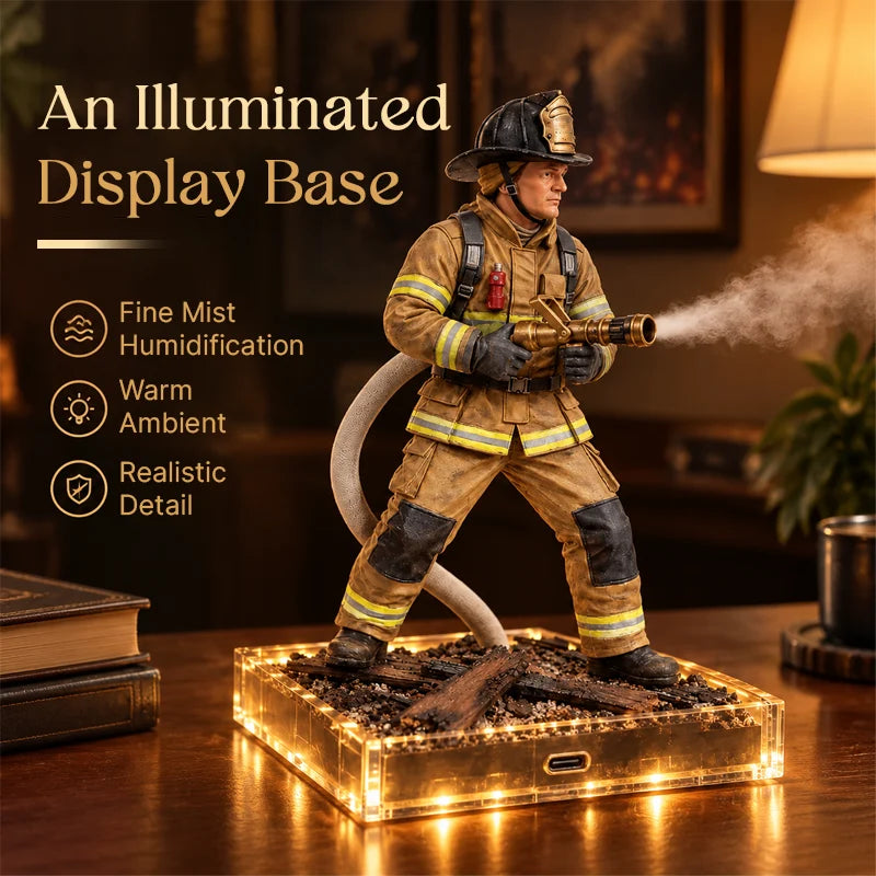 Warm illuminated rectangular base beneath the firefighter figure with mist emerging from the hose