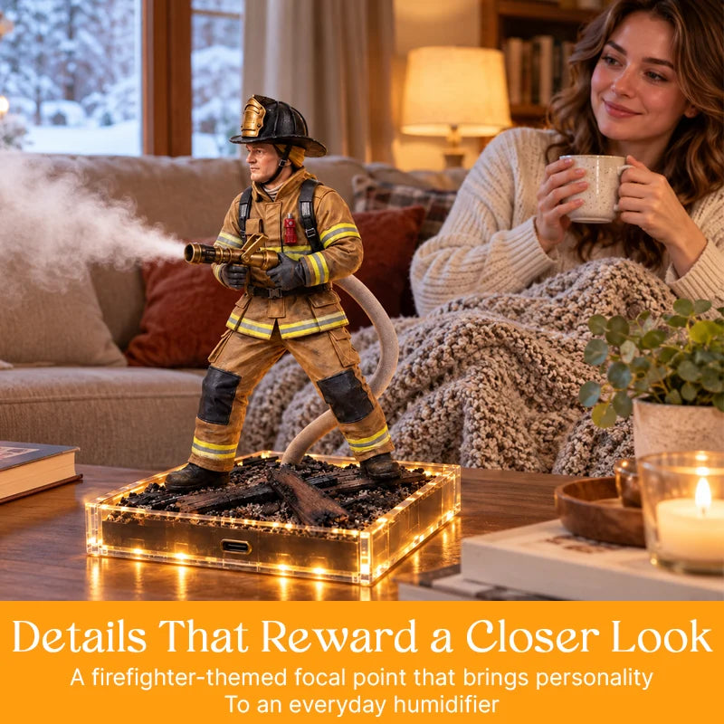 Firefighter mist light styled on a living room table beside a cozy seating area