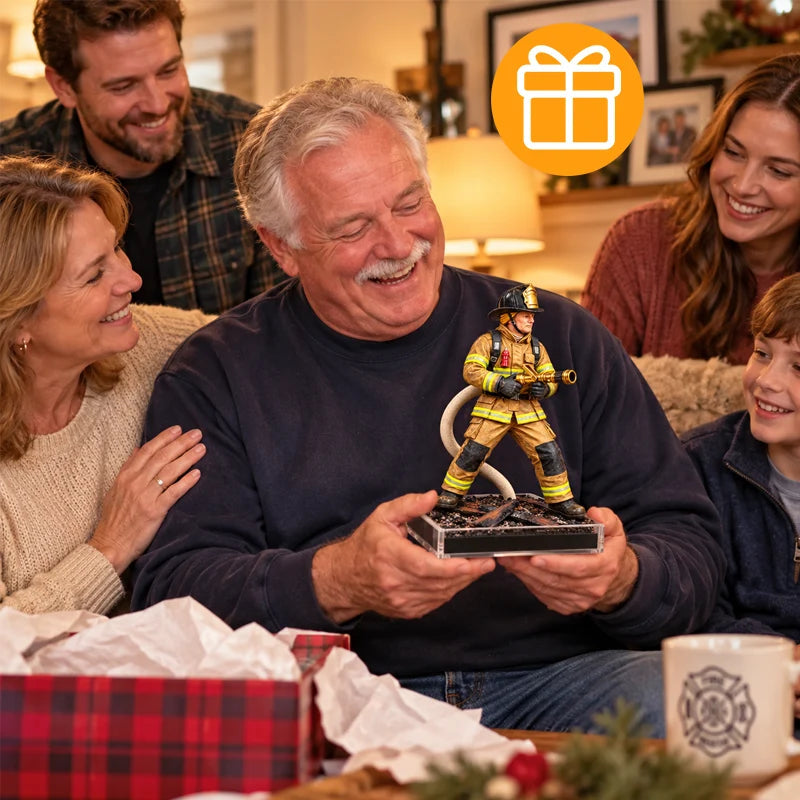 Family presenting the firefighter display piece to a smiling older man as a thoughtful gift