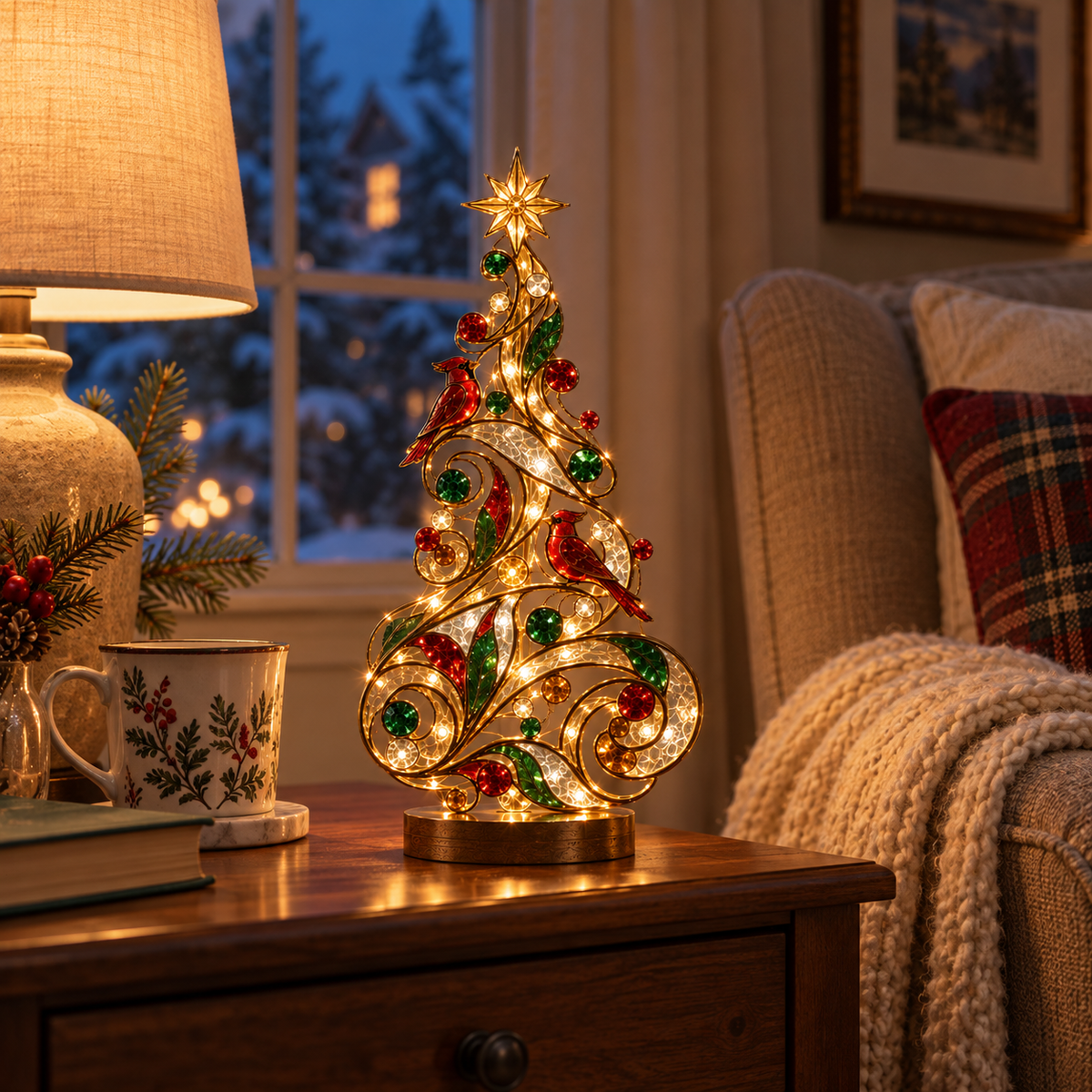Lighted Stained Glass-Inspired Christmas Tree Tabletop Decor with Red Cardinal Birds