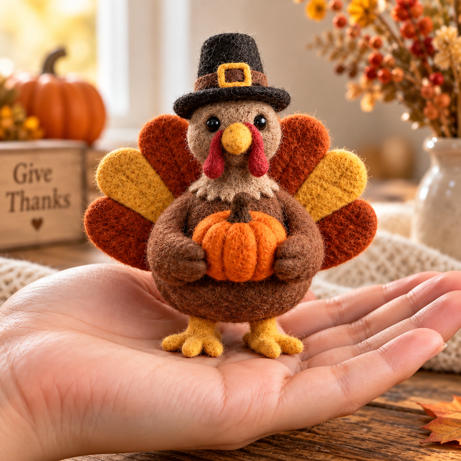 Pumpkin Buddy felt turkey wearing a black pilgrim hat and holding an orange pumpkin